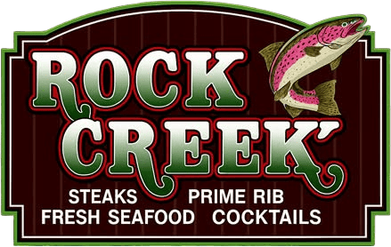 Rock Creek Steakhouse logo with fish graphic and bold text.